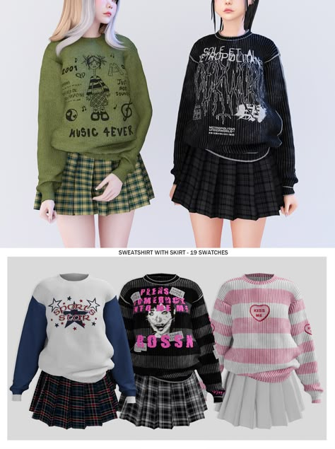 Sims 4 Cc Japanese Street Fashion, Sweatshirt Sims 4 Cc, Sims 4 Downtown Girl Cc, Alternative Grunge Outfits, Sweatshirt With Skirt, Girly Punk, Low Waisted Skirt, Kawaii Skirt, The Sims 4 Skin