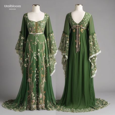 Elven fairy dress made for inspiration with ai #elvendress #fairydress #forestcore #forestwedding #celtic #weddingdress Womens Elven Costume, Irish Inspired Dress, Green Elven Gown, Celtic Formal Dress, Elven Dresses Fantasy Elves, Lord Of The Rings Dress Elves, Green Celtic Dress, Lotr Dresses Elves, Tyrell Aesthetic Dress