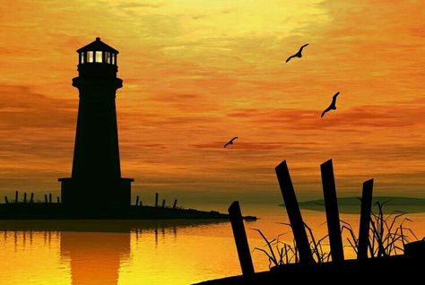 Lighthouse silhouette Paintings Ideas, Lighthouse Painting, Painting Sunset, Lighthouse Art, Silhouette Painting, Paint Projects, 수채화 그림, Simple Acrylic Paintings, Urban Sketchers