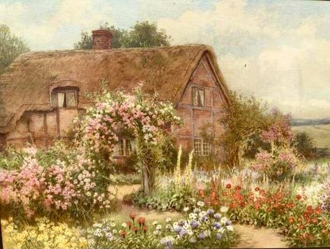 Cottage Pictures, Countryside Flowers, Cottage Paintings, Roses Growing, Romantic House, House Countryside, Chic Illustration, Garden Scenery, British Cottage