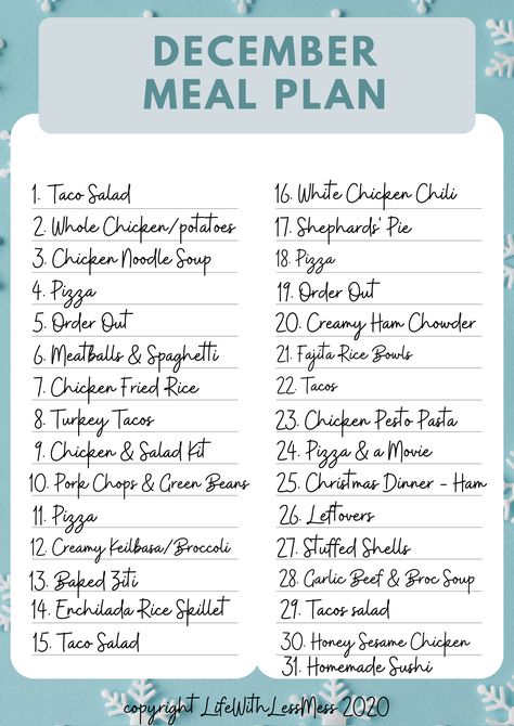 December Meal Plan - Life with Less Mess Weekly Menu Themes, Theme Night Meal Planning, Meals For A Month Menu Planning, December Meal Plan, March Meal Plan, October Meal Plan, January Meal Plan, October Meals, Meal Planing