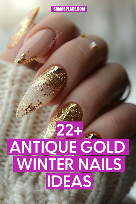 This style features a warm golden base with glitter that fades towards the cuticles, enhancing the almond-shaped nails. The smooth gradient and shimmering finish add an understated elegance perfect for seasonal festivities. Modern Winter Nails, Nude Nails With Gold Accent, Simple Gold Nails, Gold Leaf Nail Art, Gold Winter Nails, Nude Gold Nails, Nude Winter Nails, Gold Flake Nails, Gold Leaf Nails