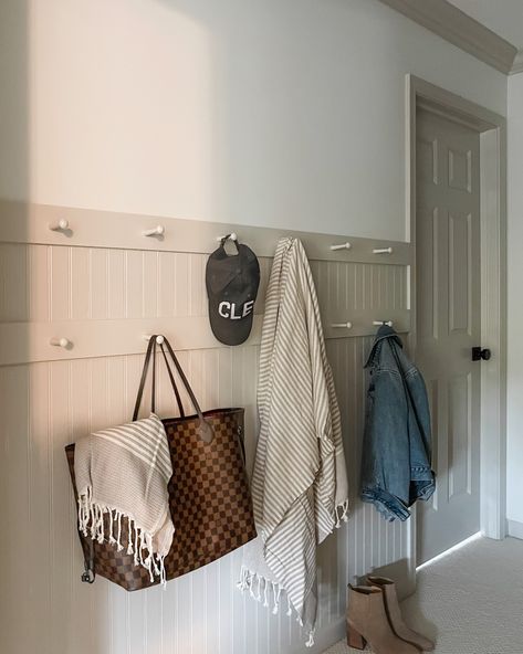 DIY in a Day: Shaker Peg Rail Wall and Trim Entryway Wall Pegs, Peg Rail In Kitchen, Hallway With Peg Rail, Shaker Peg Rail Bathroom, Wall Of Hooks Entryway, Shaker Peg Rail Kitchen, Pegboard Mudroom Entryway, Entry Peg Rail, Peg Wall Kitchen