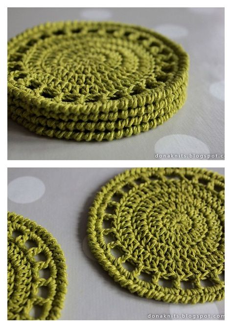 Round Crochet Patterns Free, Small Crochet Coaster Pattern Free, Circle Coaster Crochet Pattern, Crochet Pattern Coaster Free, Round Coaster Crochet, Modern Crochet Coasters Free Pattern, Cute Crochet Coaster Ideas, Coaster Crochet Easy, Crochet Citrus Coasters