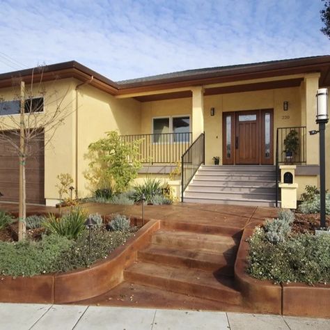 Yellow House - Photos & Ideas | Houzz Yellow Craftsman House, Yellow House Brown Roof, Light Yellow House Exterior, Yellow Home Exterior, Yellow Exterior House Colors, Yellow House Exterior, Black Railing, La House, Yellow Paint Colors