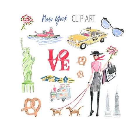 Beth Briggs, New York Illustration, Nyc Taxi, New York Theme, Nyc Print, Hot Dog Stand, Ville New York, Watercolor Clip Art, Chrysler Building