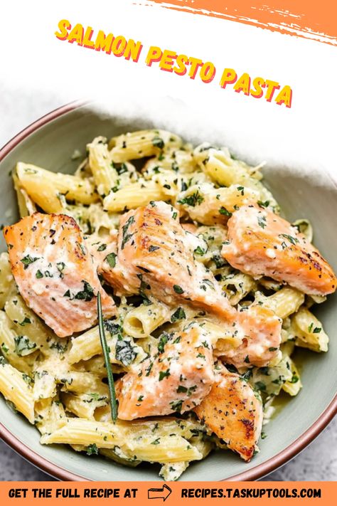 Indulge in the perfect blend of flavors with this Salmon Pesto Pasta recipe. Discover how tender salmon meets creamy pesto sauce for a delightful experience that's both nutritious and satisfying. Perfect for a quick weeknight meal or an impressive dinner party dish, this recipe combines fresh ingredients, easy preparation, and gourmet taste. Follow our step-by-step guide to create a meal that will surely impress. Dive into a world of vibrant flavors with this standout pasta dish! Salmon And Pasta Dinner Ideas, Salmon Alfredo Pasta Recipes, Pesto Salmon Recipes, Pasta With Salmon, Canned Salmon Pasta, Salmon And Pasta, Lunch Meal Prep Salmon, Salmon With Pesto, Salmon Recipes Pesto