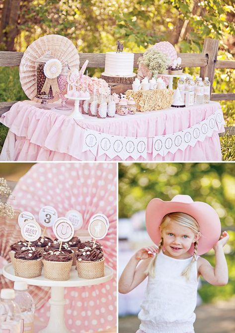 A Cowgirl Party with pink paper pinwheels, horseshoe topped cupcakes, horse topped candy jars, hay bale cupcake stand + a 'Keep Calm & Giddy Up' party sign Girly Cowgirl, Baby Shower Cupcakes For Girls, Shabby Chic Cakes, Chic Cowgirl, Shabby Chic Birthday, Horse Birthday Parties, Cowgirl Birthday Party, Party Dessert Table, Horse Party