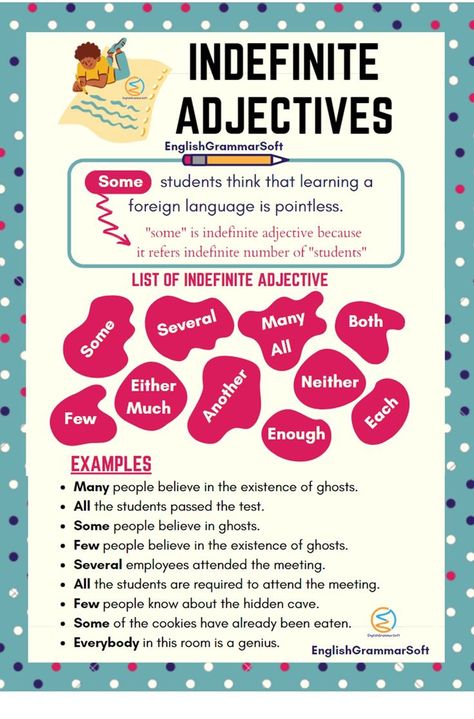 Indefinite Adjectives Examples and List Indefinite Adjectives, Examples Of Adjectives, English Practice, Study English Language, Grammar Activities, Learn English Grammar, English Language Teaching, Learn English Vocabulary, Parts Of Speech