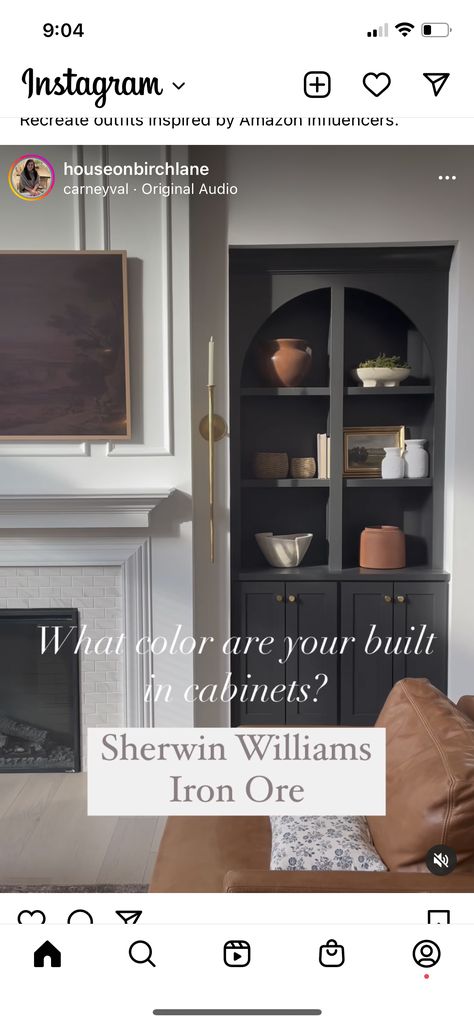 Sw Peppercorn Built Ins, Iron Ore Sherwin Williams Built Ins, Iron Ore Built In Cabinets, Iron Ore Bookcase, Black And White Built Ins, Iron Ore Bookshelves, Iron Ore Built Ins, Dark Built In Bookshelves, Dark Built Ins Living Room