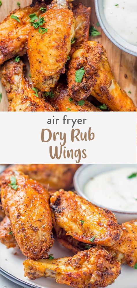 Chicken wings in the air fryer with a dry rub seasoning mix. Crispy and with oven instructions as well. Homemade chicken wings for dinner are easy to make and can be done in under 30 minutes. This seasoning is sugar free so great for anyone staying healthy or on a low carb, keto diet! Recipe For Wings In Air Fryer, Low Carb Wings Air Fryer, Plain Wings In Air Fryer, Low Cal Chicken Wings, Wings Recipe Healthy, Oven Airfryer Chicken Wings, Airfry Chicken Wings In Oven, Air Dry Chicken Wings, Whole 30 Chicken Wings Air Fryer