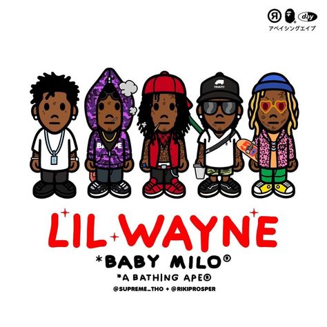 Lil Wayne Artwork, Lil Wayne Cartoon, Rappers Painting, Rapper Cartoon, Bape Cartoon, Bape Art, Rapper Lil Wayne, Animation Characters Tattoo, Baby Cartoon Characters