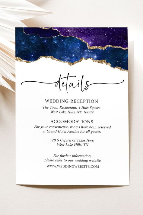 Galaxy Agate Wedding Invitation Set, Navy Blue Purple Gold Agate Wedding Invitation Suite, Geode Wedding, Celestial Night Sky Wedding Invite Blue Gold And Purple Wedding, Navy Blue Purple And Gold Wedding, Night Sky Wedding Invitations, Wedding Celestial, Royal Purple Wedding, Namecard Design, Night Sky Wedding, Navy Blue Wedding Theme, Blue Purple Wedding