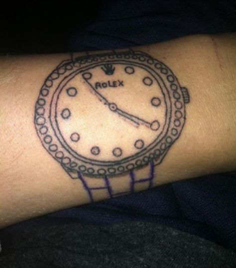 Hate to tell ya, Buddy, but you done bought yourself a fake Rolex - Bad Tattoos: 14 of the Worst Regrets - Team Jimmy Joe Rolex Tattoo, Tattoo Nightmares, Tattoo Sites, Money Tattoo, Tattoo Fails, Watch Tattoos, Bad Tattoos, Funny Tattoos, Great Tattoos