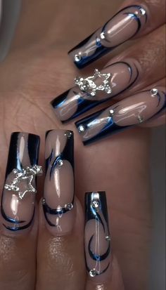 Pretty Navy Blue Nails, Dark Blue Nail Aesthetic, White With Light Blue Nails, The Maria’s Inspired Nails, Red And Black Square Acrylic Nails, Dark Blue Acrilyc Nails, Acrylic Nails Ideas Royal Blue, Smokey Blue Nails Prom, Black And Blue Chrome Nails