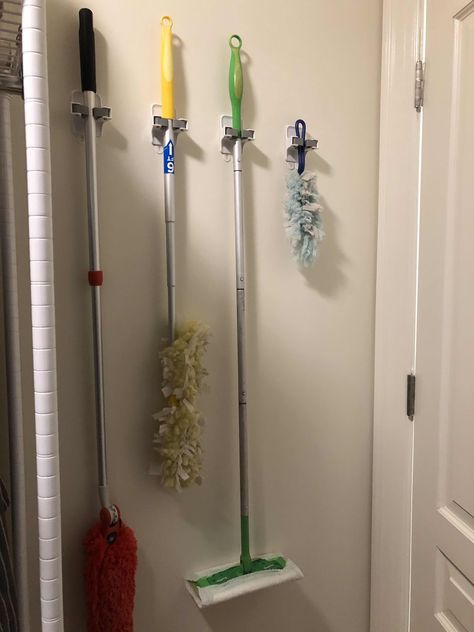 Broom Swiffer Storage, Where To Hang Brooms And Mops, Mop Hanger Ideas, Diy Broom And Mop Hanger, Hanging Brooms And Mops Ideas, Broom Holder Ideas, Broom And Mop Storage Ideas, Basement Steps, Mop Storage