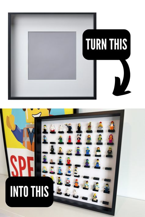 Lego Minifigure Shelf, Lego Figures Display, How To Display Small Collectibles, Diy Lego Display Case, Legos Display Ideas, Lego Mini Figure Display, Lego Frames Ideas, Lego Wall Shelves, Basement Lego Room