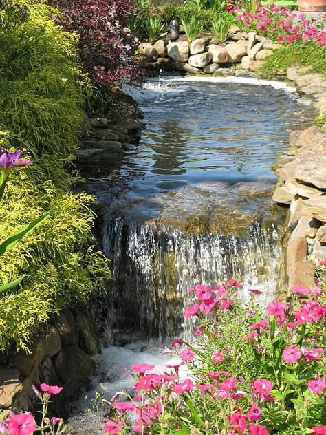 Taman Air, Garden Waterfall, Cottage Aesthetic, Waterfalls Backyard, Small Waterfall, Water Feature, Nature Aesthetic, Garden Paths, Water Garden