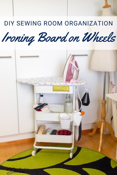 Ironing Board on Wheels – Sewing With Scraps Ikea Ironing Board, Ironing Board Storage, Diy Ironing Board, Ikea Raskog Cart, Folding Ironing Boards, Mini Ironing Board, Ikea Cart, Sewing With Scraps, Ironing Station