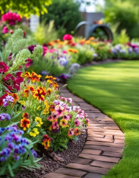 Red Brick Flower Bed Border, Brick Edged Flower Bed, Brick Flower Bed Border Ideas, Garden Design With Pots, Brick Edging Landscape, Brick Flower Bed Border, Landscaping With Bricks, Flowerbed Edging Ideas, Lawn Edging Bricks