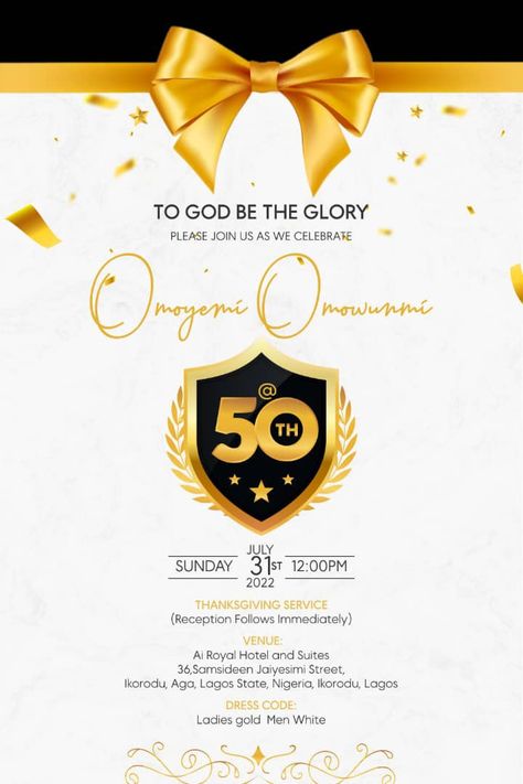 Birthday Iv Design, 50th Birthday Flyer Design, 50th Birthday Invitations Template, Church Invitation Card Design, 50th Birthday Invitation Card, Invitation Card Sample, 50 Years Birthday, Anniversary Theme, Baby Thanksgiving