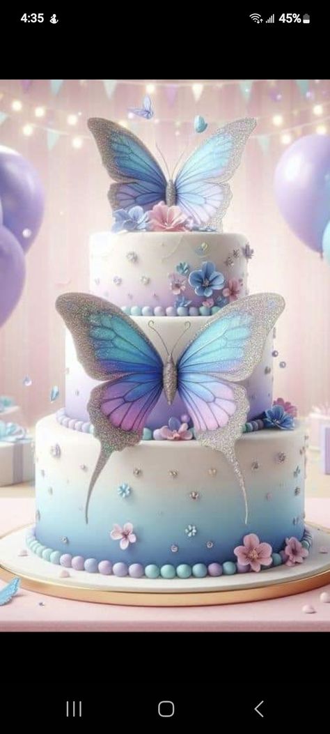 Butterfly 15 Cake, 10th Birthday Cake Girl, Birthday Cake Girl, 10th Birthday Cake, 15 Cake, Light Blue Butterfly, Cake Girl, 10th Birthday, Pink Light