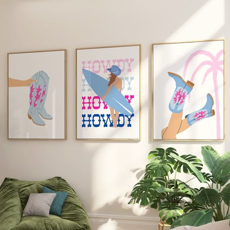 Coastal Cowgirl Print Set of 3 Pink and Blue Wall Art, Trendy Preppy Dorm Decor, Howdy Poster, Western Cowgirl Boots, Beach Surf Girly Decor // STYLE // Howdy Print, Surf Print, Digital Download, Pink and Blue Wall Art, Pink and Blue Decor, Coastal Wall Art, Trendy Wall Art, Western Wall Art, Printable Wall Art, Digital Art Print, Southwest Decor, Coastal Cowgirl Art, Cowgirl Aesthetic, Beachy Wall Art, Pink Preppy Print, Set of 3 Prints 🦋 This listing is an INSTANT DOWNLOAD, files will be avai Surfer Cowgirl Room, Beachy Cowgirl Bedroom, Preppy Western Decor, Country Dorm Decor, Pink And Blue Apartment Decor, Pink And Blue Apartment, Beach Cowgirl Room, Blue And Pink Decor, Coastal Cowgirl Dorm Room