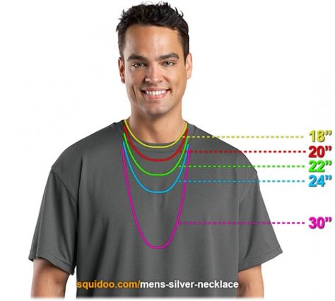 Necklace length for men and kinds of chains Chain Length Chart, Necklace Chart, Necklace Guide, Baguette Diamond Necklace, Necklace Length Chart, Men's Necklaces, Silver Chain For Men, Mens Silver Necklace, Wear Necklaces