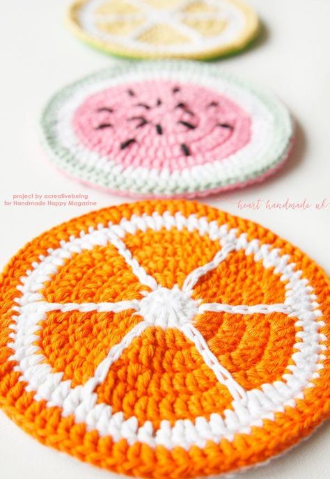 How To Crochet Fruity Potholders! An Awesome Free Crochet Pattern | Heart Handmade uk | Bloglovin’ Crocheted Coasters, Crochet Potholder Patterns, Crochet Fruit, Pola Amigurumi, Crochet Potholders, Crochet Food, Crochet Dishcloths, Yarn Projects, Tutti Frutti