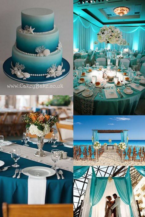 Ariel Themed Wedding, Underwater Wedding Theme, Teal Beach Wedding Ideas, Teal Beach Wedding, Beach Theme Wedding Reception, Blue Theme Wedding, Wedding Proposal Ideas Engagement, Little Mermaid Wedding, Underwater Wedding