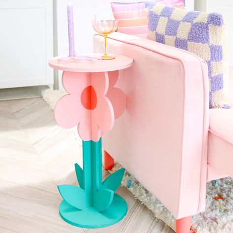 Side Table Wood Diy, Funky Side Tables, Bedside Table Danish Pastel, Danish Pastel Bed Side Table, Pink Squiggle Table, Flower Coffee Table, Flower Side Table, Colorful Acrylic Side Table, Pink Flower Side Table