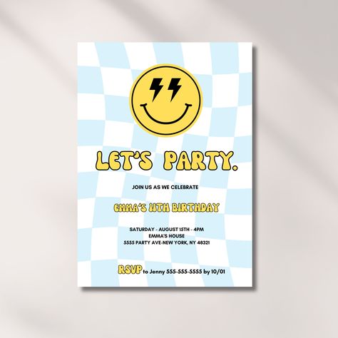 Teen Bday Party, Happy Face Birthday, Bday Poster, Smiley Party, 11th Birthday Ideas, Birthday Smiley, 4 Birthday Party, 30th Birthday Themes, Bday Invitations