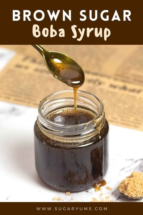 brown sugar syrup dripping from spoon into small glass jar filled with syrup Brown Sugar Syrup For Boba, Boba Syrup Recipe, Tea Syrup Recipe, Easy Bubble Tea Recipe, Brown Sugar Milk Tea, Brown Sugar Boba, Boba Tea Recipe, Boba Recipe, Make Brown Sugar