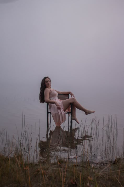 River Photoshoot Black Women, Water Chair Photoshoot, Chair In River Photoshoot, Foggy Pictures People, Water Portrait Photography Lakes, Pink Lake Photoshoot, Best Friend Nature Photoshoot, In The Lake Photoshoot, Lake Photography Model