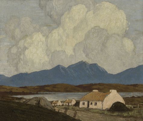 https://flic.kr/p/rLmQA9 | Paul Henry - Cottages, West of Ireland [1928-30] | Henry (1876 - 1958) studied in Belfast and Paris, and then in Whistler’s studio. He admired Millet, Van Gogh, Cézanne and Whistler, and these traces are evident in his work. This painting is possibly of the Maamturks, seen from the eastern end of Kylemore Lake, done from memory in the late 1920s. Typically, it shows a two-part division of the picture plane, with a cloudy sky characterised by a narrow tonal range, H... Paul Henry, Irish Painters, Landscape Inspiration, Irish Landscape, Irish Cottage, Ireland Landscape, Irish Art, Celtic Art, Post Impressionists