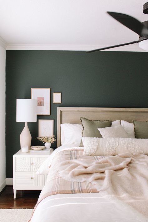 Forest Green Bedroom Accent Wall Green Wall Masterbedroom, Bedroom Forest Green Accent Wall, Dark Sage Accent Wall Bedroom, Green Accent Wall Bedroom With Window, Dark Green Wall Behind Bed, King Bed Green Wall, Green Wallpaper In Bedroom, Contemporary Green Bedroom, Bedroom Green Inspiration