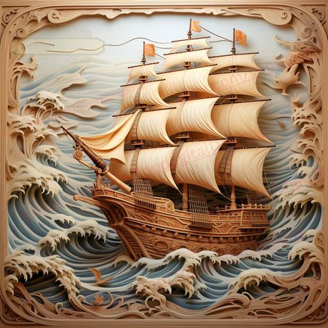 3d Illusion Drawing, Ship Pirate, Wood 3d, Cnc Art, Raster Image, Wood Burning Patterns, Cnc Projects, Laser Engraving Machine, 3d Illusion