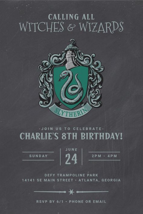 Harry Potter Birthday | Slytherin Chalkboard Invitation
Celebrate your child's birthday with these Slytherin Crest Chalkboard Birthday Invitations! Whether they're in Gryffindor, Slytherin, Hufflepuff, or Ravenclaw, your child and their friends can celebrate together with the Hogwarts School of Witchcraft and Wizardry Crest. Don't forget to send out the matching Slytherin Crest thank you notes! Harry Potter Yule Ball, Harry Potter Birthday Invitations, 21st Invitations, Unique Birthday Ideas, Harry Potter Party Decorations, Cumpleaños Harry Potter, Slytherin Crest, Chalkboard Birthday, Harry Potter Bday