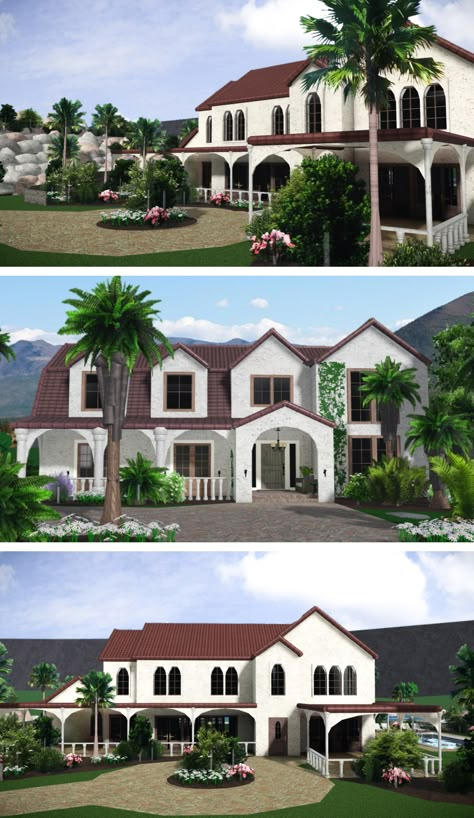 Bloxburg Mini Mansion, Bloxburg Mediterranean House, Bloxburg Villa, Carribean House, Unique Houses Exterior, Cottage Core Bloxburg House, Bloxburg House Builds, Modern Suburban House, Bloxburg Homes