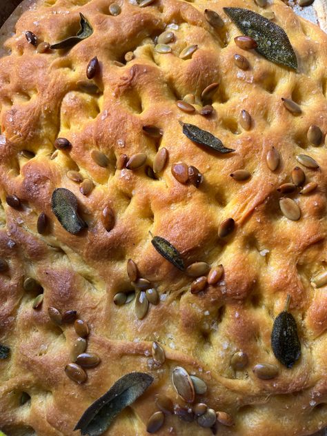 Pumpkin Focaccia Pumpkin Focaccia, Baked Olives, Bread Pumpkin, How To Dry Sage, Flaky Salt, Focaccia Bread, Classic Kitchens, Bread Basket, Jelly Roll