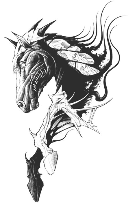 Evil Horse Tattoo, Demon Horse Tattoo, Skeleton Horse Tattoo, Horse Skeleton Tattoo, Horse Skull Tattoo, Dark Horse Tattoo, Demon Horse, Horse Tattoo Design, Horse Skull