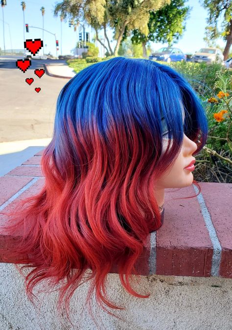 Pravana Colored Hair Blue Hair With Red Tips, Blue To Red Hair, Blue And Red Hair Color, Red And Blue Hair Ideas, Patriotic Hairstyles, Red Blue Hair, Red And Blue Hair, Crossfire Characters, Scarlett Hair