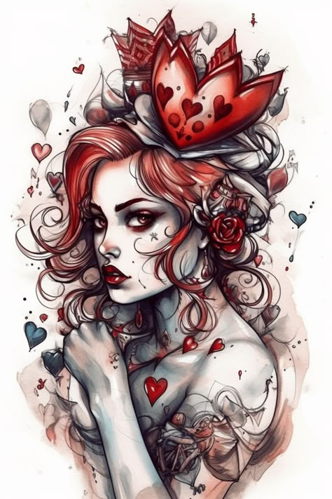 Queen of hearts tattoo, tattoo sketch#4 Queen Of Hearts Artwork, Queen Of Hearts Tattoo Design, Queen Of Hearts Tattoo Alice In Wonderland, Queen Heart Tattoo, Queen Of Hearts Sketch, Red Queen Tattoo, Alice In Wonderland Queen Of Hearts, Queen Of Hearts Drawing, Queens Tattoo