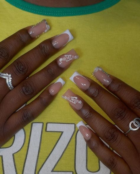 Perfect set for her 18th 😍 - - - - -  Silver bling French tips butterfly #nails#polygel#squarenails#18th#3dflowernails#silver#polygelnails#polygelnailtech#frenchtipnails#explore French Tip Polygel Nails, Butterfly Short Nails, Nails Polygel, Butterfly Nails, Polygel Nails, Silver Bling, Short Acrylic, Short Acrylic Nails Designs, French Tips