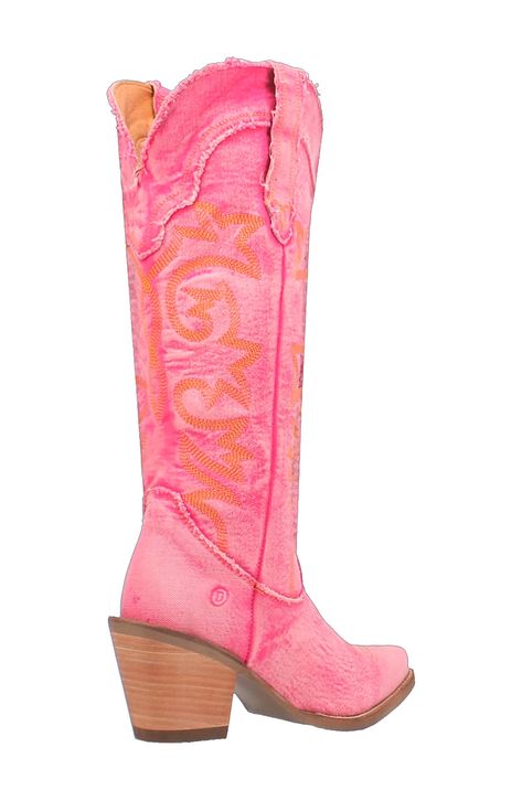 Classic topstitching amplifies the cowgirl aesthetic of a knee-high Western boot done in artfully faded denim. 3" heel 15" shaft Removable, cushioned insole Textile upper and lining/rubber sole Imported Nashville Concert Outfit Summer, Pink Western Boots For Fall, Cute Cowgirl Boots Outfits, Preppy Cowgirl Aesthetic, Fitted Western Style Pink Boots, Pink Cowgirl Boots Outfit, Pink Western Boots For Ranch, Pink Western Wide Calf Boots, Pink Boots Outfit