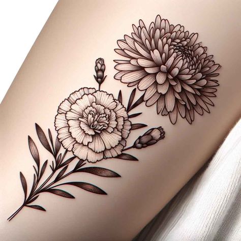 Aster And Carnation Tattoo, Aster And Carnation Flower Tattoo, Mini Carnation Tattoo, Aster Tattoo Flower, Carnation And Aster Flower Tattoo, Aster Flower Bouquet, September Birth Flower Tattoo Aster, September Flower, January Birth Flower