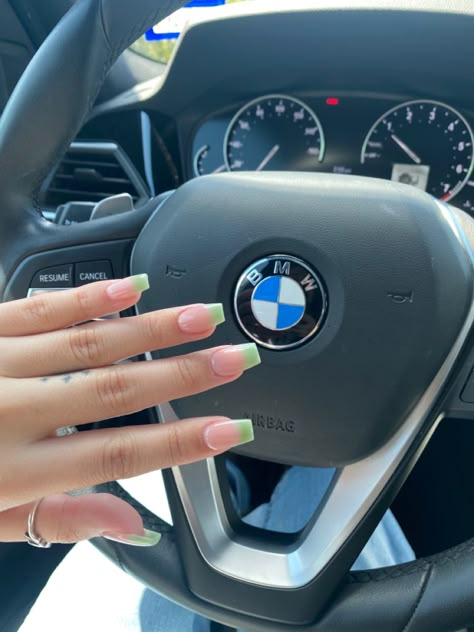 hand modeling french tip nails in front of a BMW steering wheel Colored French Tip Coffin, Coloured French Tips Coffin, Green Coffin French Tip Nails, Coffin Colored French Tip Nails, Green Sns Nails Designs, Sage French Tip Nails Square, Sage Green Nails Acrylic French Tip, Green Summer Nails Square, Green French Tip Coffin