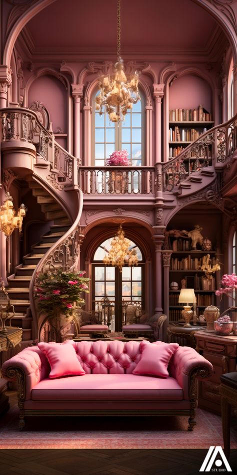 Barbie Library, Mansion Library, Victorian Mansion Interior, Pink Library, Vintage Mansion, Comfy Cozy Home, Mansion Bedroom, Library Interior, Interior Design Principles