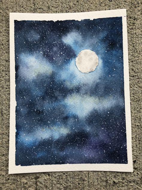 Watercolor Moonlight Sky Watercolor Art Moon Night Skies, Night Sky Watercolor Painting, Moonlight Watercolor, Watercolour Skies, Watercolor Skies, Watercolour Sky, Celestial Painting, Night Sky Watercolor, Wonky Houses