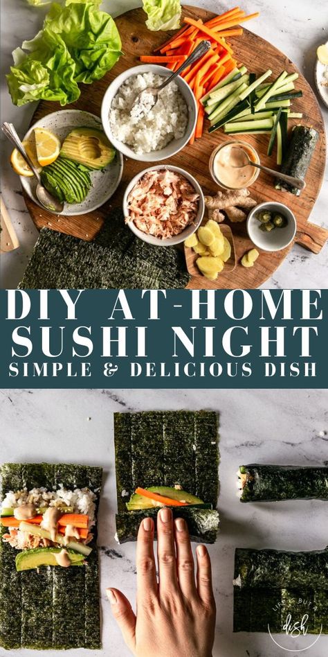 YOU DON’T HAVE TO BE A TRAINED CHEF TO HAVE A DELICIOUS DIY AT-HOME SUSHI NIGHT! HERE’S HOW MY FAMILY MAKES SUSHI HAND ROLLS RIGHT AT THE KITCHEN TABLE…NO RAW FISH NECESSARY! LEARN JUST HOW EASY IT IS TO MAKE YOUR OWN SUSHI. Sushi To Make At Home, At Home Sushi Night, Homemade Sushi Night, Beginner Sushi Recipes At Home, Diy Sushi Party, Sushi Night Ideas, Diy Sushi Night, Sushi No Fish, Sushi Date Night At Home